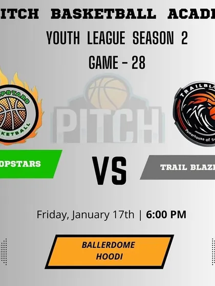 The matchup poster for Game 28 of Season 2, pitting the Hoopstars against the Trail Blazers.
