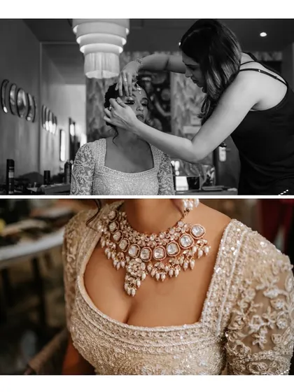 A collage showing the bride's makeup process and a close-up of her stunning necklace. These shots highlight the craftsmanship and artistry involved in creating the bridal look.