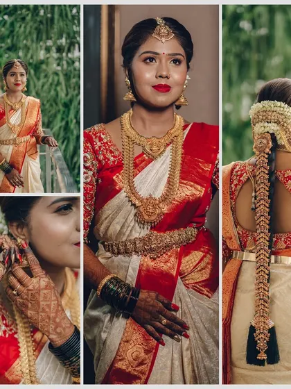 A collage of a South Indian bride in a red and white Kanjeevaram saree, showing her full look, a close-up portrait, her braided hair, and details of her jewelry.
