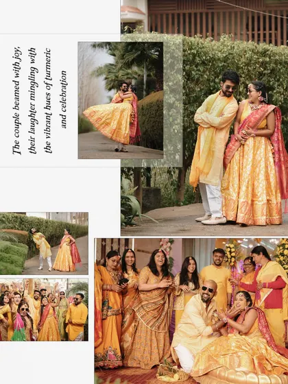 A collage from a Haldi ceremony, showing the couple's playful interactions and candid moments with family.