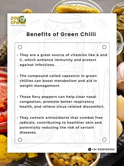 Learn about the benefits of green chilli. The compound capsaicin can boost metabolism and aid in weight management, while its vitamins enhance immunity.