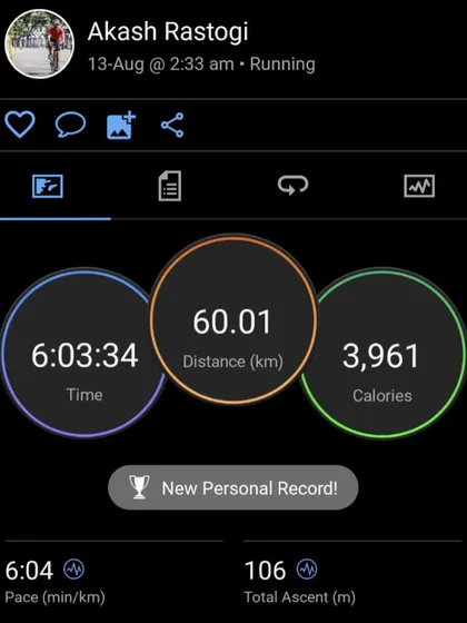 The stats from a 60km training run. This is the kind of distance you need to cover to prepare your body and mind for an ultramarathon.