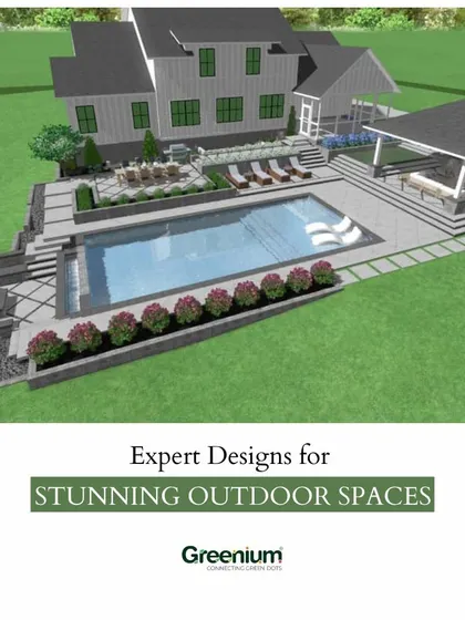 An expert 3D design for a stunning outdoor space. This rendering shows a large backyard with a multi-level patio, a swimming pool, a fire pit, and a covered gazebo for entertaining.