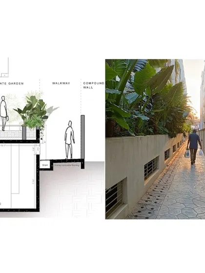 A comparison of a design drawing and the final built walkway at the Land Capital Primero apartment complex. This demonstrates our focus on translating design details from paper to reality.