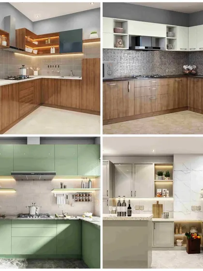 This collage displays four different kitchen styles we have designed, from warm wood finishes to modern mint green, showcasing our versatility in color and material selection.