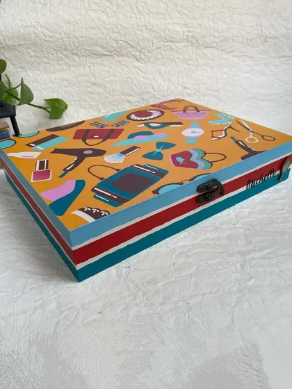 Another perspective of the personalized organizer box, showcasing its sturdy wooden construction and handmade charm.