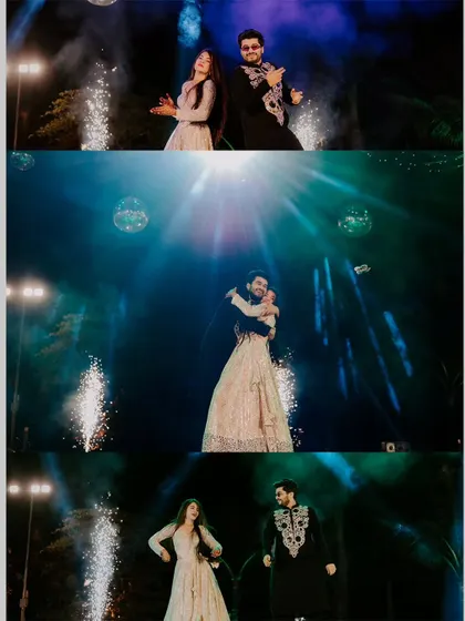 A collage of the couple's Sangeet performance, complete with stage lights and pyrotechnics.
