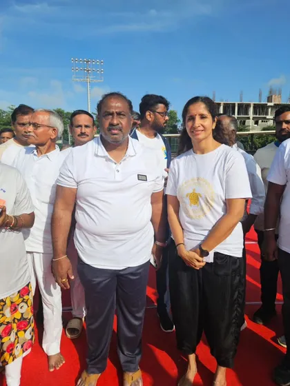 Our founder, Namita Ji, with MLA Satish Reddy at the International Yoga Day event, a collaboration that reflects our commitment to community wellness.