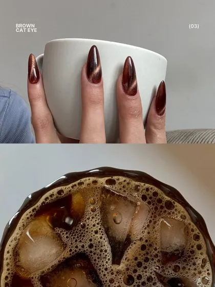 A rich, brown cat eye polish that looks just like a fresh cup of coffee. The magnetic shimmer creates a beautiful depth and movement in the color.