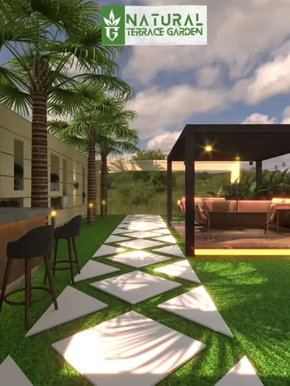 A 3D render of a proposed front yard with a long pathway leading past a bar area to a covered seating deck. The design is perfect for large, open spaces.