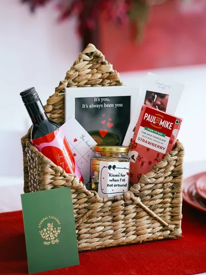 The Valentine's hamper in its basket, a perfect package of love and thoughtful gestures.