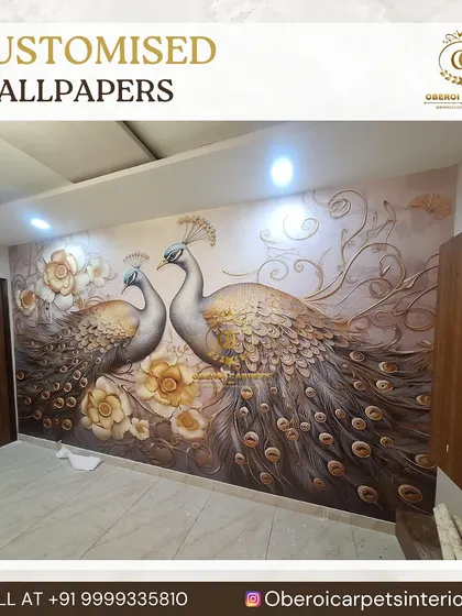 A repeat of the stunning peacock mural, showing its beautiful detail and 3D effect in a fully furnished room.