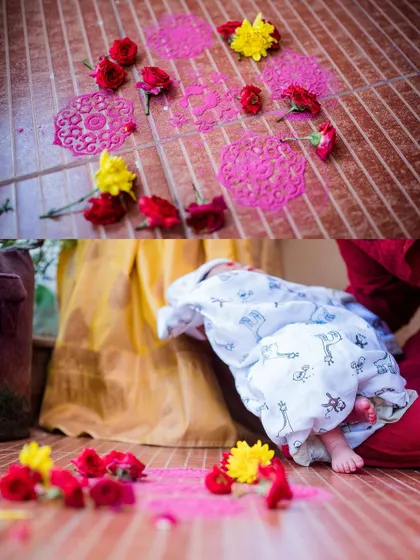 An artistic shot combining the traditional decor of a naming ceremony with the delicate feet of the 11-day-old baby, symbolizing a blessed beginning.