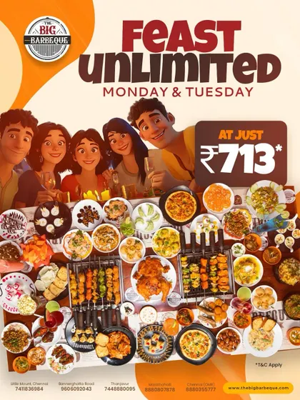 Your cravings called, and we answered. Our unlimited feast is just ₹713 on Mondays and Tuesdays. Gather your squad and dig in.
