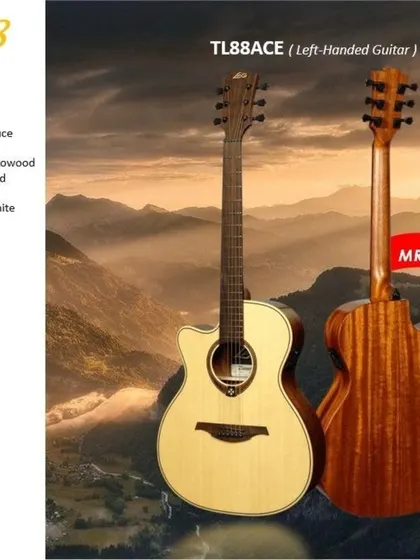 For our left-handed players, the Lâg Tramontane 88 series TL88ACE. This auditorium cutaway electro-acoustic features a solid Engelmann spruce top and mahogany back and sides.