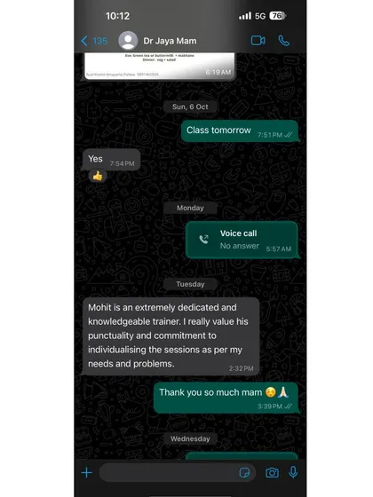 The best results are the ones my clients feel. This feedback from Dr. Jaya highlights my commitment to creating personalized, punctual, and dedicated training sessions that address individual needs and problems.
