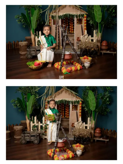 A collage showing the little boy posing with a basket of fruits in the festive setup.