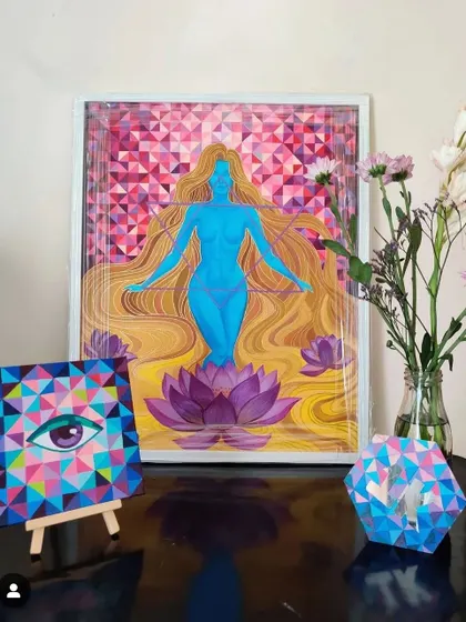 This painting, 'Udaya,' represents a divine feminine awakening. The piece features a blue figure emerging from a lotus, set against a geometric background.