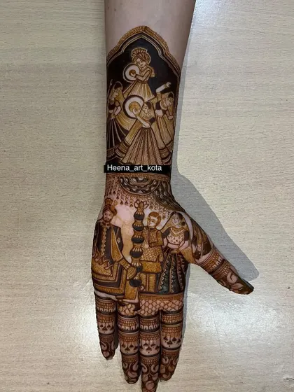 A single hand design showing the 'sangeet' and 'grah pravesh' ceremonies, inspired by the amazing work of Isha Lakhani.