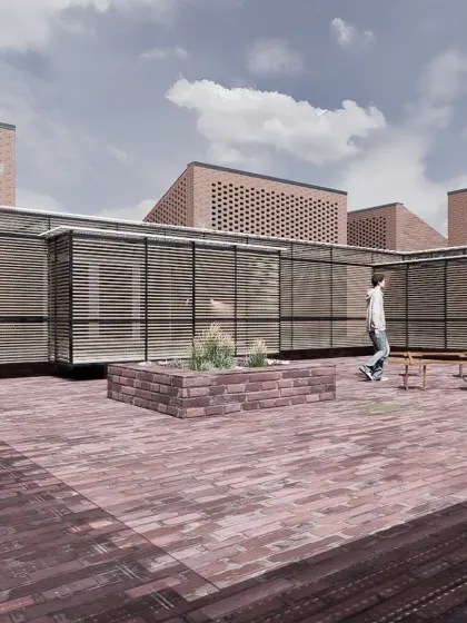 The rooftop terrace of Studio Tarai, where brick volumes are interwoven with light steel pergolas. The slatted screens and open courts create a series of outdoor rooms that are defined by the interplay of solid mass and lightweight structure.