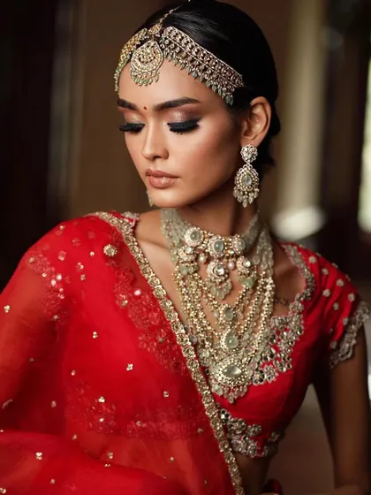 A close-up of a classic red bridal look with a soft, smokey eye. Learn this versatile technique in my upcoming Delhi batch.