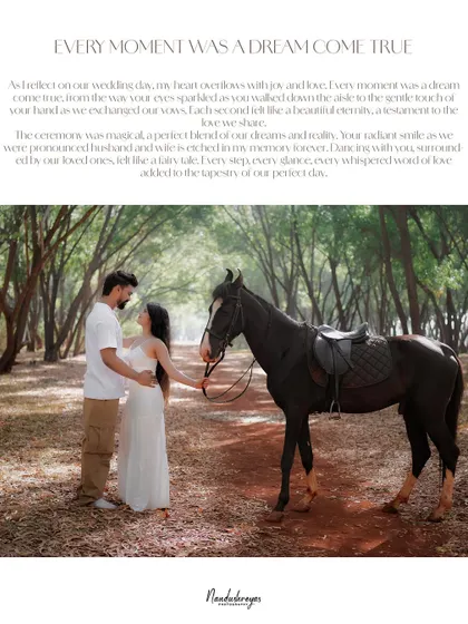 A couple shares a romantic moment with a majestic black horse in a sun-dappled forest path. This image shows how we can incorporate unique elements like animals to create a truly magical and personalized pre-wedding shoot.