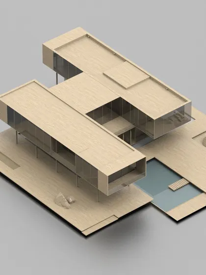 An axonometric model of the minimalist farmhouse. This view clearly shows the concept of the two floating bars and their relationship to the ground plane, the pool, and the overall site.