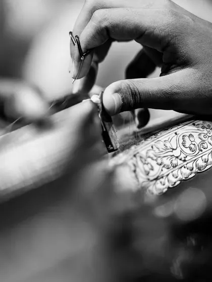 A close-up of my hand on the veena during a performance at the Darbar Festival. This image captures the intricate connection between the artist and the instrument.