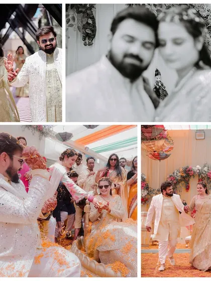 This collage showcases a beautiful Haldi ceremony with the couple in elegant white outfits. It captures their grand entrance, the ritual itself, and their romantic moments together.