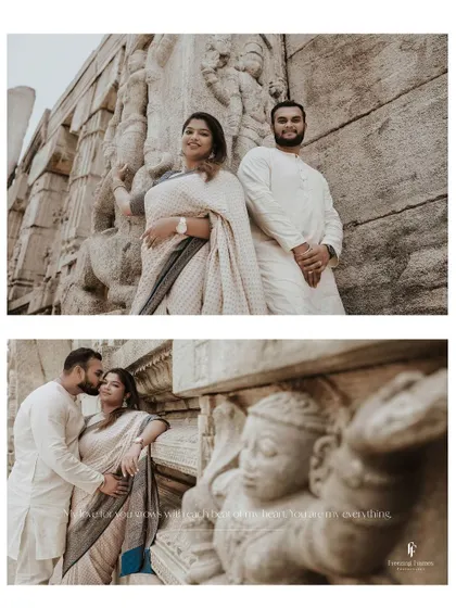 A collage of the couple at a temple, sharing a kiss on the cheek and posing against the intricate stone carvings.
