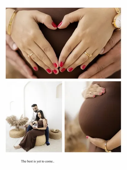 A collage that tells a story of love. It combines close-ups of the baby bump and hands forming a heart with a full portrait of the couple.