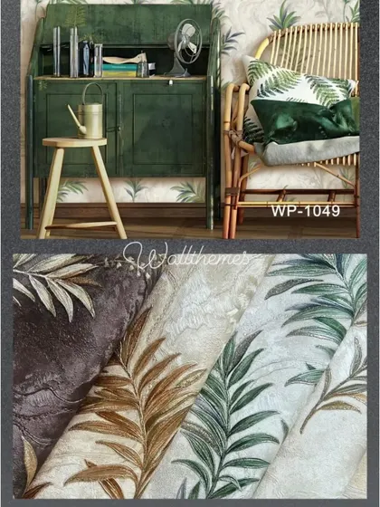 A collage of botanical leaf wallpapers, shown in rolls and in a room with green furniture.