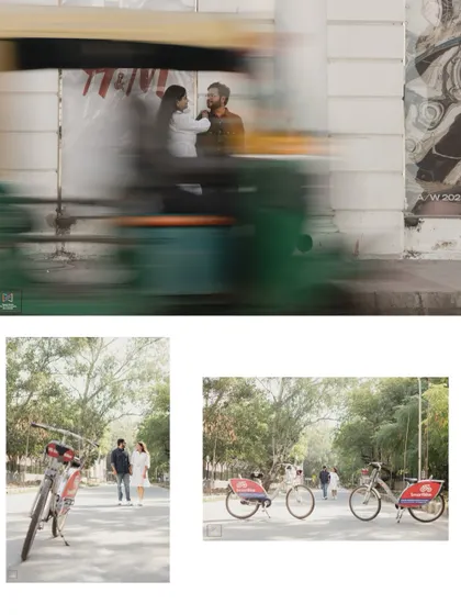 A creative motion-blur shot capturing the couple amidst the fast-moving city life, symbolizing their calm connection in a busy world.