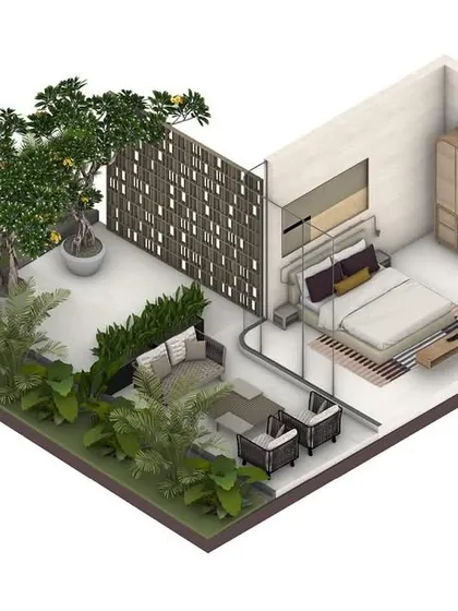 We use illustrated interior axonometric drawings to communicate our design intent for spaces like these bedrooms and bathrooms in our Pavilion Villas. This graphical format allows us to explore and present combinations of furniture, finishes, and textures.