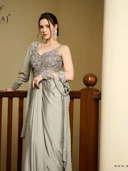 Another view of the metallic grey draped crop top lehenga, exuding elegance and charm.