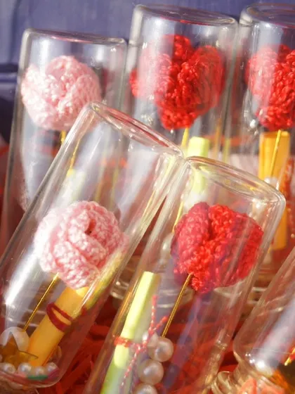 A collection of my 'message in a bottle' gifts, filled with tiny crochet roses and hearts. These are perfect for bulk gifting or as unique party favors.