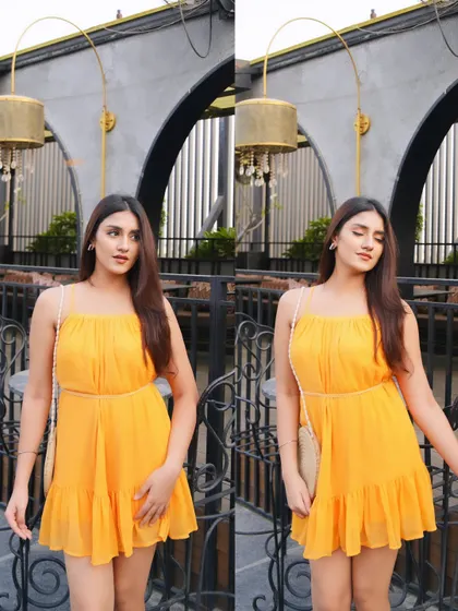 A collage of poses in the cute yellow dress.
