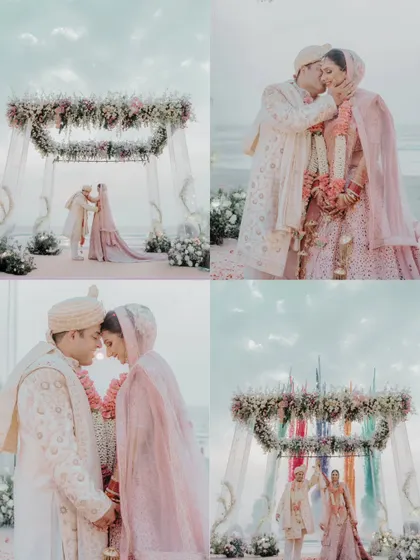 A collage capturing the breathtaking beauty of a Goa beach wedding, from the floral mandap against the sea to the couple's romantic moments.