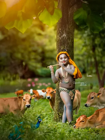 An epic outdoor portrait of little Krishna playing his flute amongst the cows. This image showcases my ability to manage complex outdoor shoots, combining nature, animals, and detailed character styling for a truly unique result.