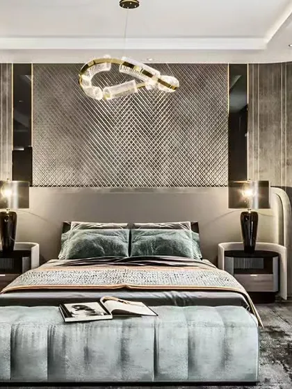 Another view of a luxurious bedroom, showcasing the interplay of different textures and lighting. The design balances bold patterns with sleek surfaces to create a space that is both exciting and comfortable.