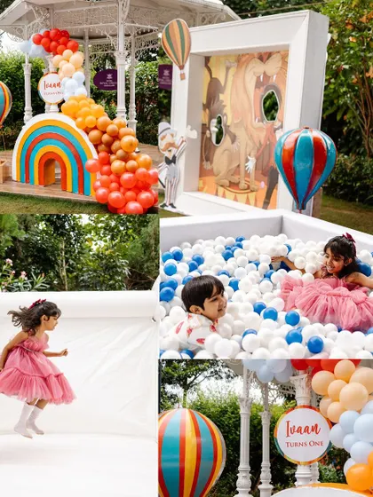 A collage showing all the fun activities at a carnival party, including a bouncy castle, a ball pit, and a photo booth. We plan every detail to keep guests of all ages entertained.