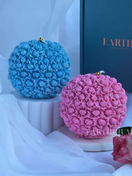 A beautiful pairing of my floral ball candles in sky blue and baby pink. The intricate floral texture makes them a delight to look at from every angle.