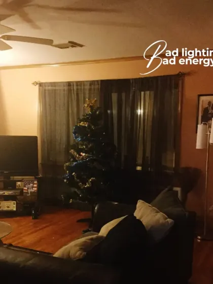 Bad lighting creates bad energy. This image illustrates the stark difference good lighting design can make in transforming the mood of a room.
