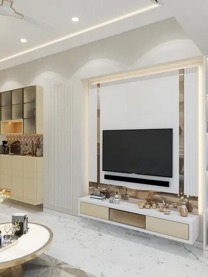 This 3D design for an Andheri West living room visualizes a bright, luxurious space. It allowed the client to approve the layout, including the TV unit, bar cabinet, and statement chandelier, before execution.