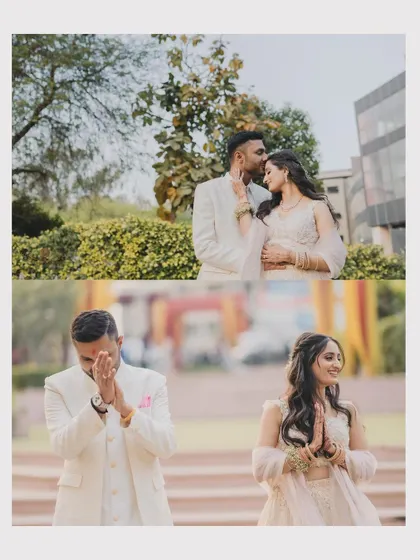 A two-panel image from an engagement ceremony, showing both a romantic kiss on the forehead and a candid moment of the groom's happy reaction. This captures the full emotional range of the event.