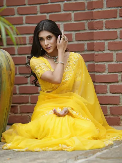 Another beautiful shot of the yellow organza saree, a testament to its timeless appeal.