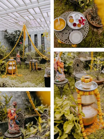 A duplicate of ID 111, this collage shows the beautiful decor of a Half Saree Haldi ceremony.