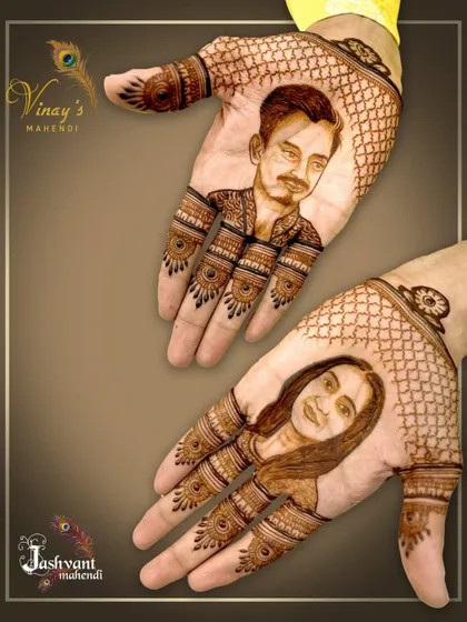 Close-ups of groom mehndi, one featuring Radha Krishna and the other featuring portraits of the couple.