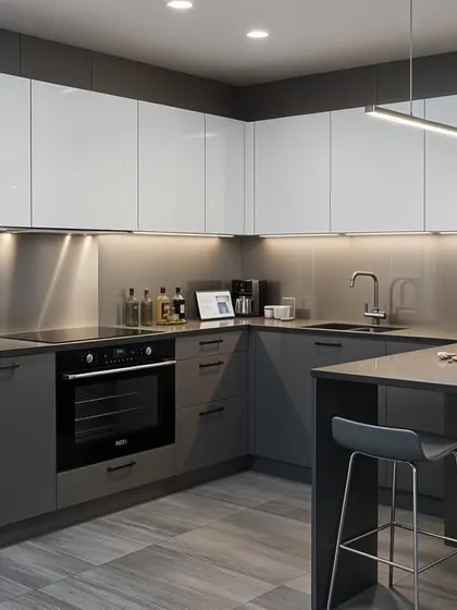 This two-tone kitchen pairs matte grey lower cabinets with glossy white uppers. This is a great strategy to ground the space while keeping it feeling light and airy. The small breakfast bar adds a casual dining spot.
