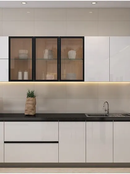 Another angle of the modern L-shaped kitchen, showing the ample counter space and the sleek, minimalist aesthetic.